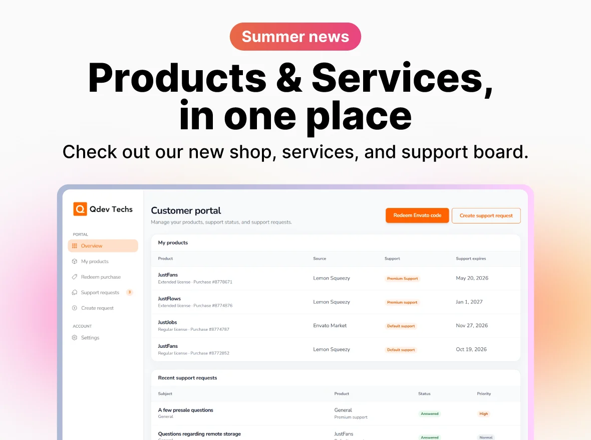 Products and services in one place announcement artwork for Qdev Techs.