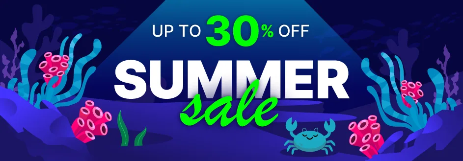 Qdev Techs under-the-sea themed summer sale artwork for JustFans and JustJobs.