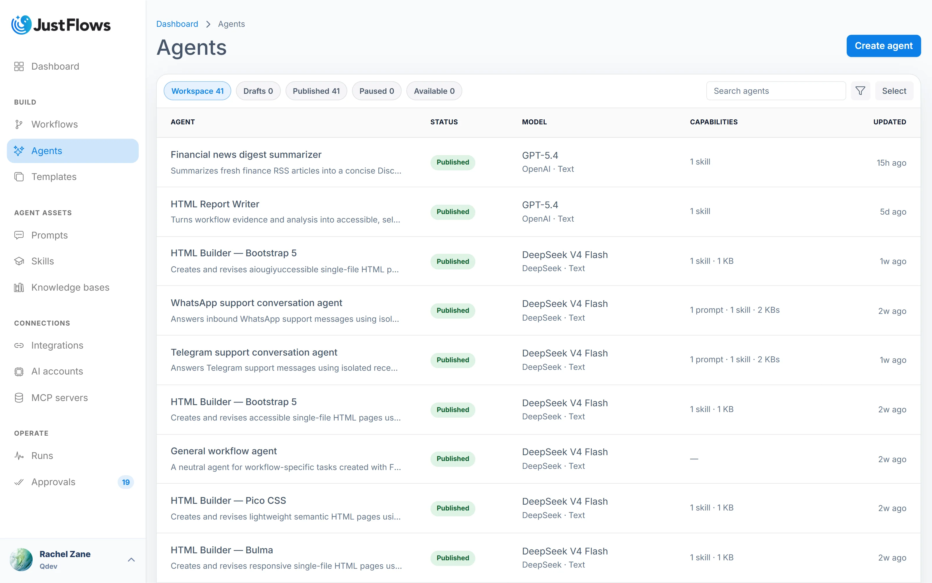 JustFlows AI agents workspace