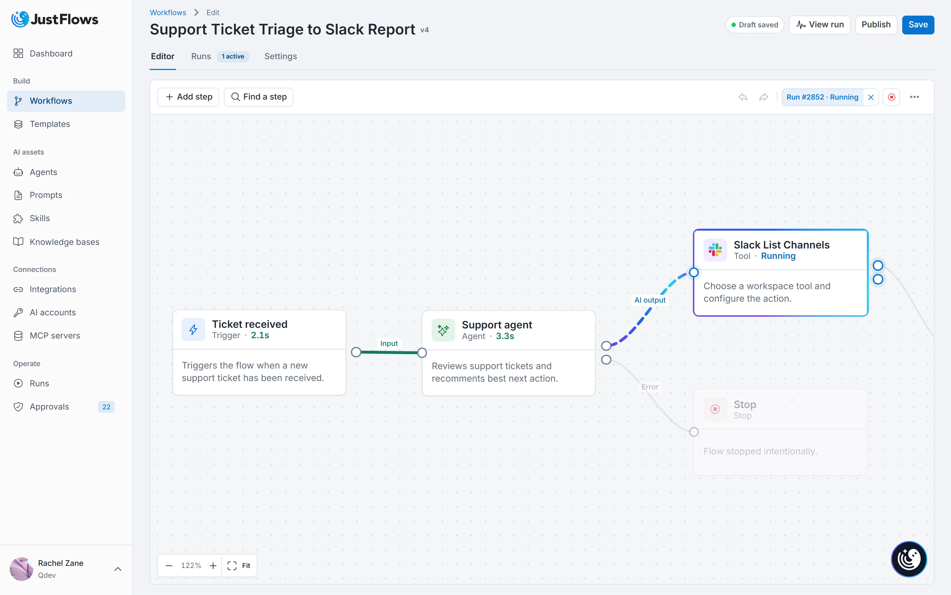 JustFlows AI support ticket triage workflow builder