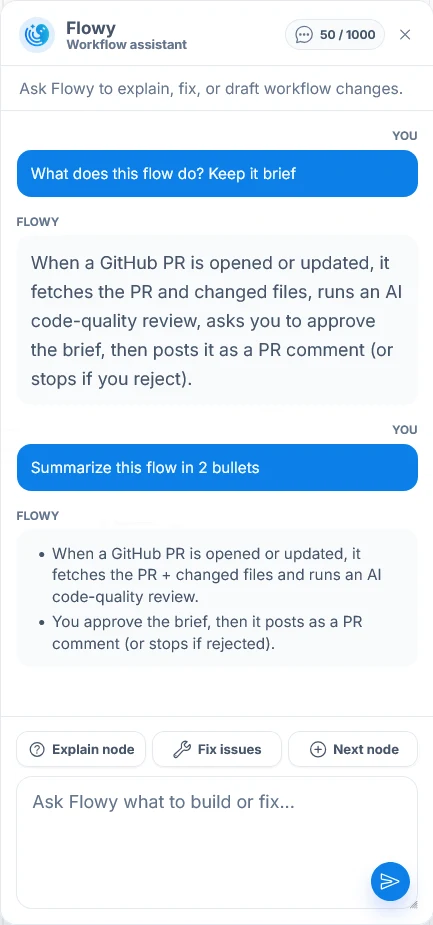 Flowy briefly explaining a workflow in two messages