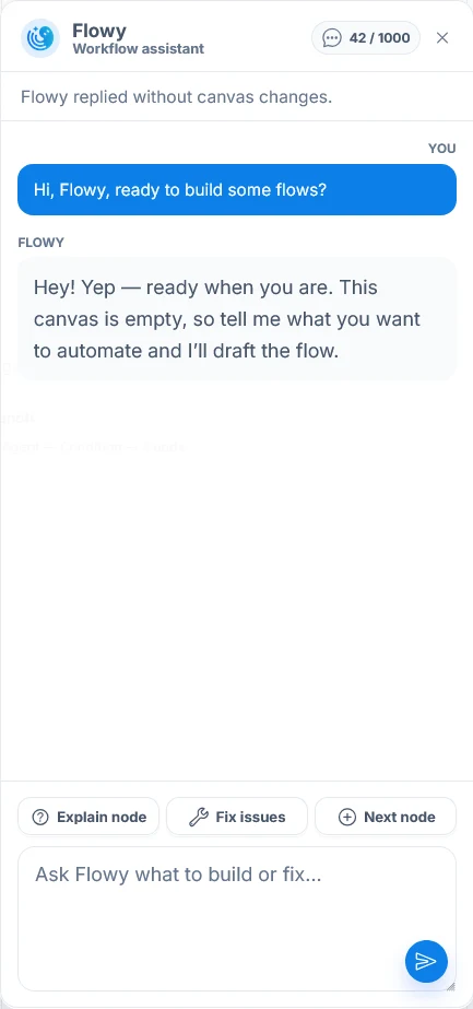 Flowy greeting in the workflow assistant