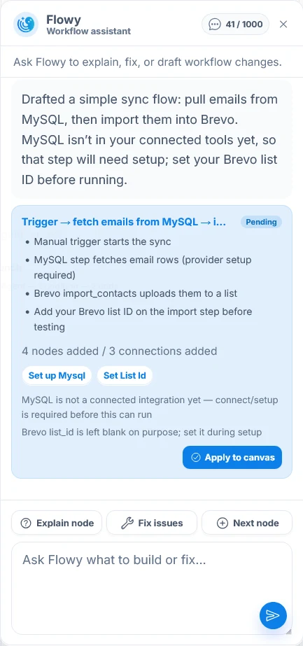 Flowy proposing a MySQL and Brevo workflow