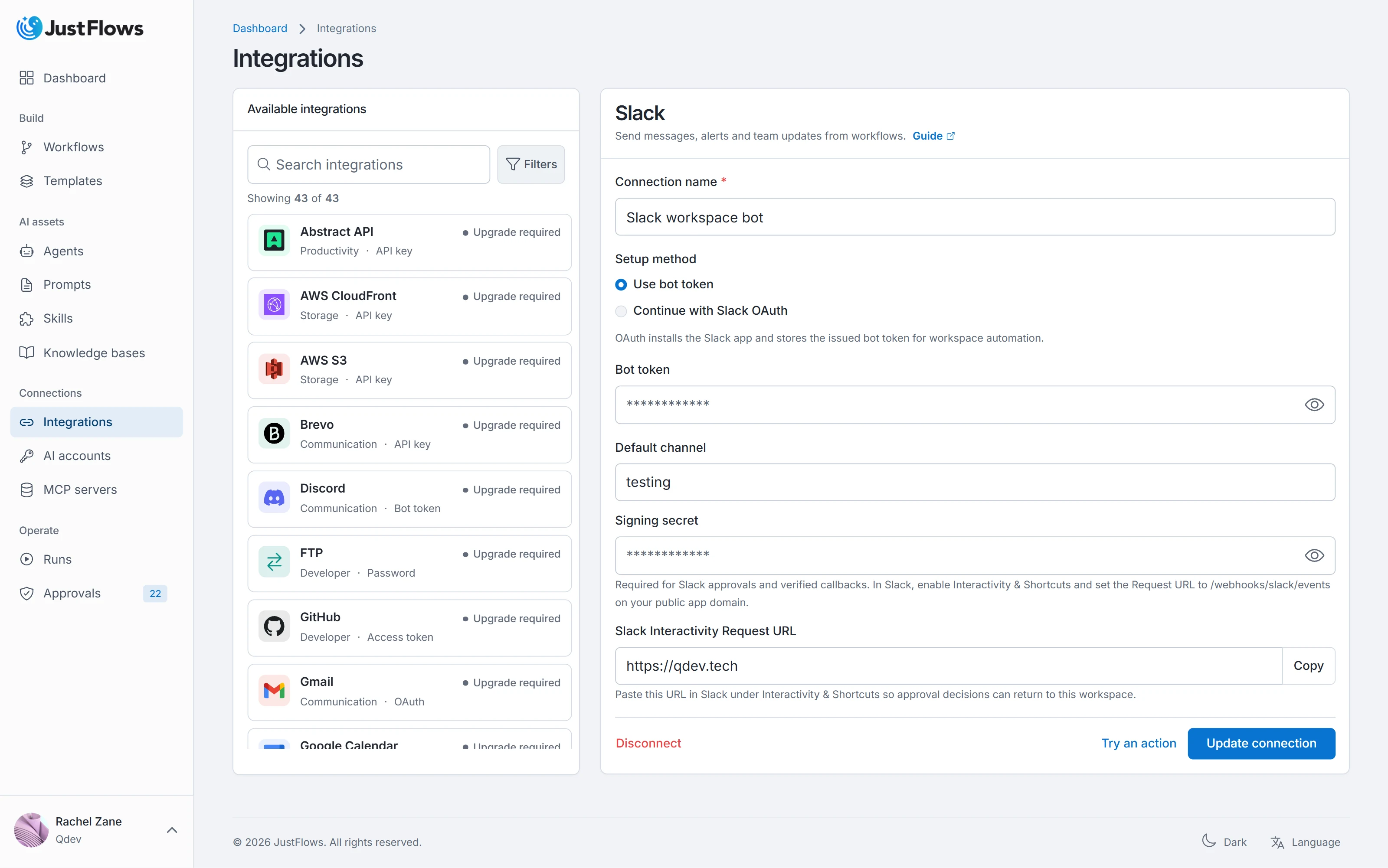 JustFlows Slack integration configuration