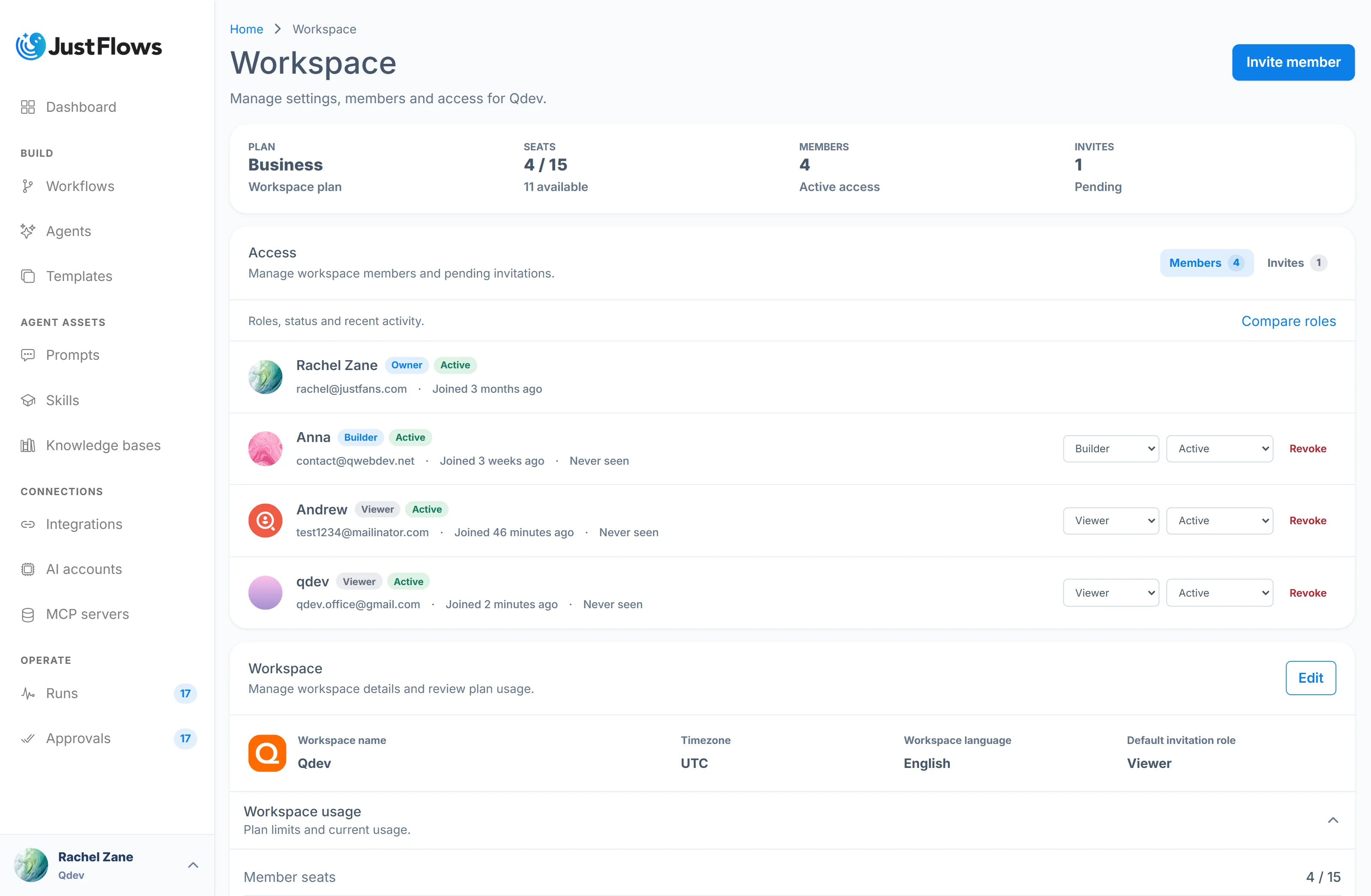 JustFlows team workspace